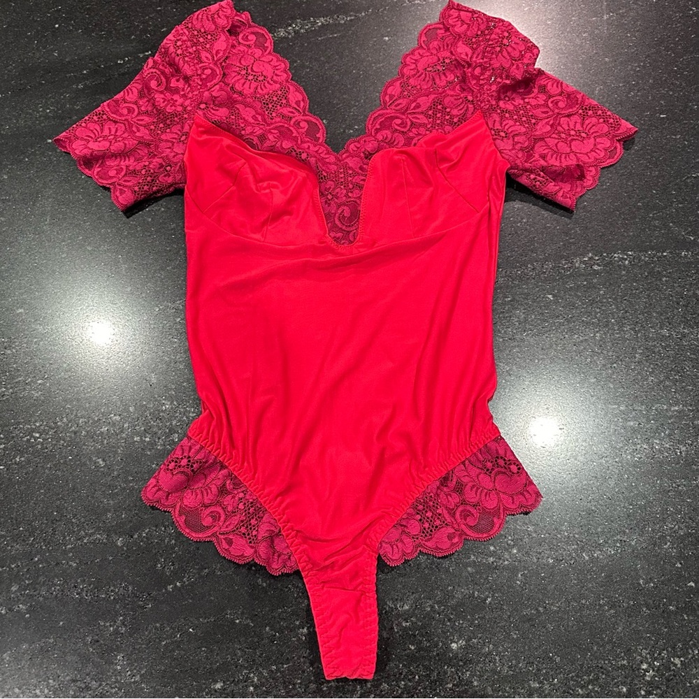 Free People We Are HAH Red Lace‎ Bodysuit Deep V Plunge Balletcore Going Out Top